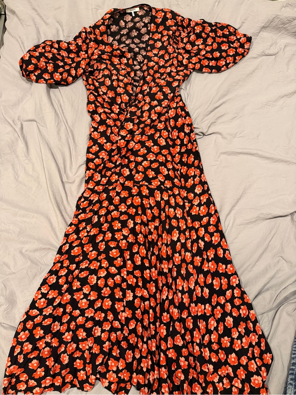 GANNI Floral Wrap Midi Dress Puff Sleeve Size 40 (US 8) Black Orange/Pink - Picture 2 of 3